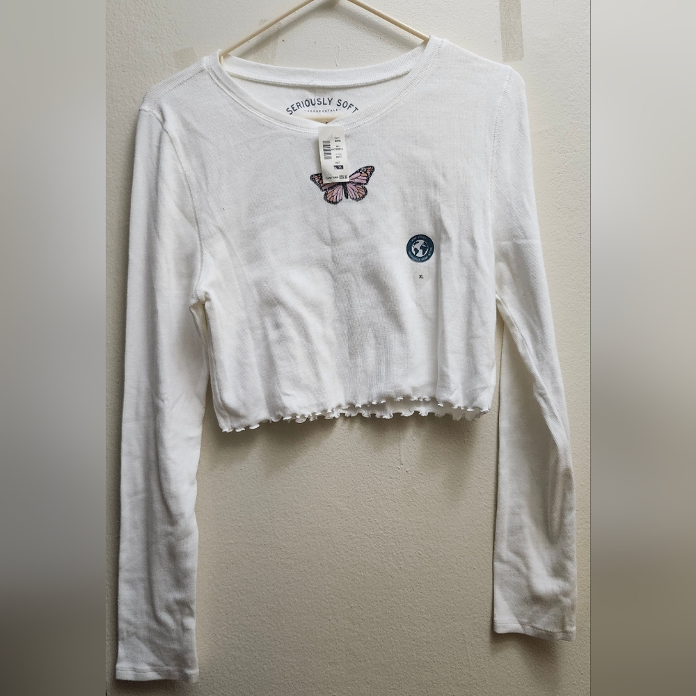 Aeropostale White Long Sleeve Tee with Butterfly Accent